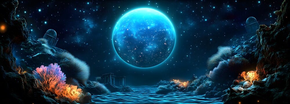 A mesmerizing deep-sea abyss filled with bioluminescent creatures and lost ruins