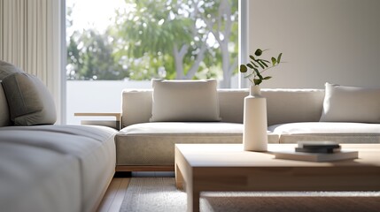 A modern living room interior design featuring a sleek neutral-toned sectional sofa, a minimalist wooden coffee table, and a large floor-to-ceiling window allowing natural light to flood the space