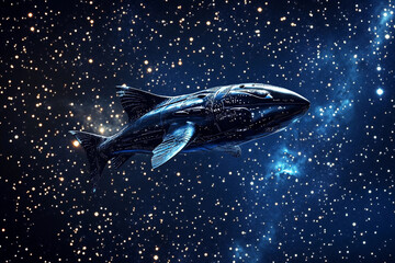 Fototapeta premium Futuristic spaceship shaped like a fish gliding through a star-filled cosmos