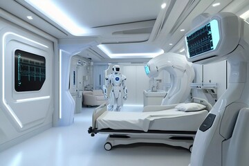 Futuristic hospital room featuring a humanoid robot assisting with patient care