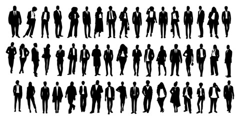 Silhouettes of diverse casual business people standing, walking, men, women full length. Business concept. Black monochrome  Vector illustrations isolated on transparent background. © Creative_Juice_Art