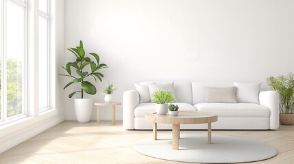 A Scandinavian-inspired living room with light wood flooring, a white linen sofa, a simple round coffee table, soft pastel decor, and indoor plants adding a fresh touch