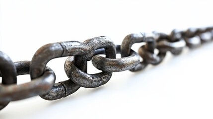 Obraz premium A single row of thick steel chain links aligned in a straight line on a bright white background, with no shadows. The image focuses on the industrial and mechanical aspects of the chain.