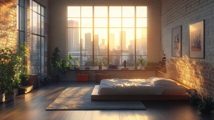 Fototapeta premium A cozy bedroom featuring large windows with city views, warm sunlight streaming in, and indoor plants enhancing the serene atmosphere.