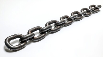 Obraz premium A thick, industrial metal chain laid out on a pure white background, with each heavy link clearly visible. The polished steel surface is detailed, showing slight wear and texture.