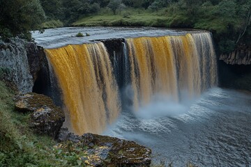 Majestic waterfall cascades golden water into serene pool surrounded by lush greenery during a tranquil afternoon