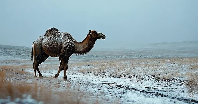Camel walking on a snow covered field with brown grass against a cloudy gray sky during the day.  The camel is the focal point with landscape detail