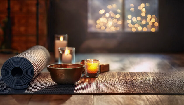 A tranquil yoga mat with meditation tools set up, creating a peaceful atmosphere for relaxation and mindfulness.