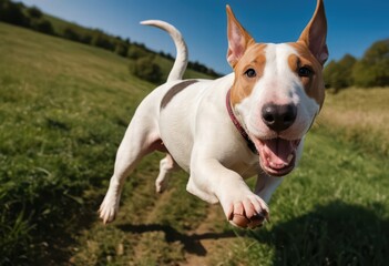 bull terrier dog running in the countryside, doggy pet playing outdoors in the green meadown, adorable fur friends on the nature