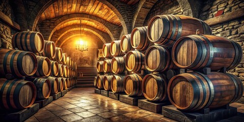 Surreal Stacks of Aged Wine & Spirit Barrels in a Dark Cellar