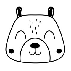 Black and white bear clipart. Retro bear face, groovy animal character. Hand drawn vector illustration in flat style