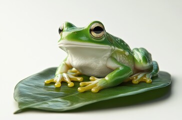 3D frog with smooth skin, sitting on a leaf, minimal