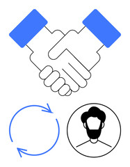 Handshake, circular arrows, and user profile icons convey partnership, trust, and profile management. Ideal for business, collaboration, networking teamwork updates user communication. Flat simple