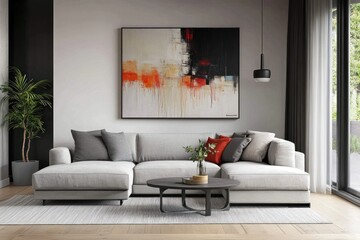 A modern living room displaying abstract art and contemporary furniture