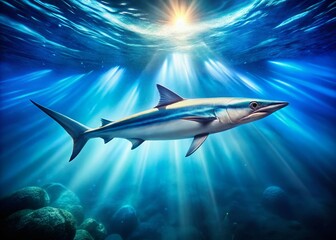 Fototapeta premium Surreal Underwater Scene: Lone Remora Fish in Vibrant Blue Ocean