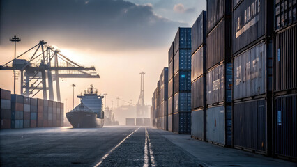A conceptual depiction of global trade tariffs through towering cargo containers forming barriers, symbolizing economic restrictions and trade tensions in an atmospheric port setting.