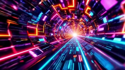 A high-speed journey through an endless tunnel of rotating geometric shapes neon lights and pulsating data streams.-vmake high-resolution abstract animation 4k video - Powered by Adobe