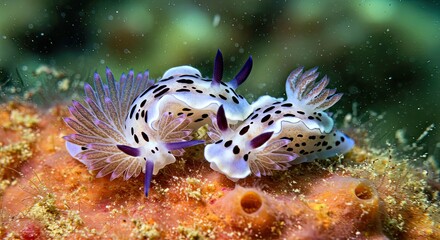 Two Hypselodoris Nudibranchs (E.G., Hypselodoris Bullocki) Engage in a Mating Ritual on a Brightly Colored Sponge, Their Bodies Aligned Head-to-Tail