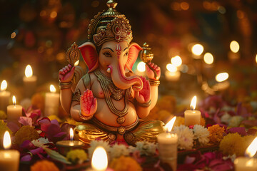 Fototapeta premium Bright holiday composition for happy Ganesh Chaturthi, abstract vivid composition consists of fictional unreal fantastic vision on background