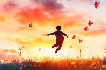 Fototapeta premium A dreamy watercolor scene of a man leaping across a grassy field at sunset, with vibrant orange, yellow, and purple tones blending in the sky