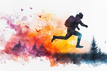 Naklejka premium A dreamy watercolor scene of a man leaping across a grassy field at sunset, with vibrant orange, yellow, and purple tones blending in the sky