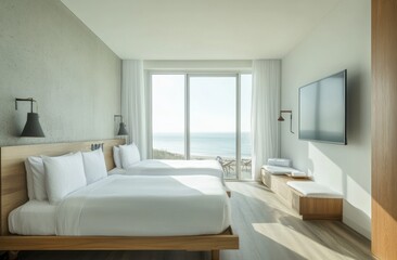Fototapeta premium A Modern Bedroom with Ocean View and Two Beds