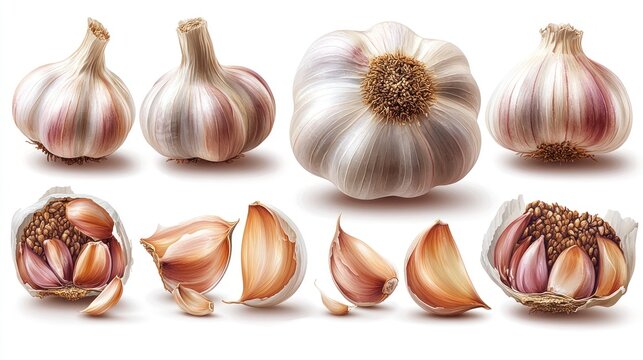 Isolated garlic bulbs and cloves on white background