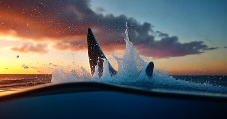 Whale fin emerging from water at sunset dynamic water splash scene ocean surface level view water drops bubbles