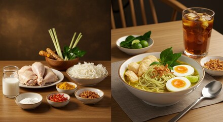 Preparing Indonesian Soto Ayam Soup with Chicken and Ingredients Displayed