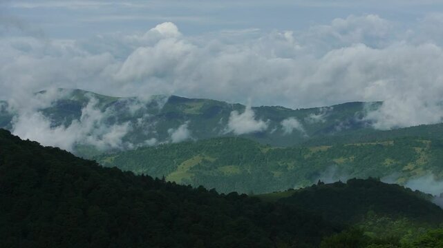 Carpathian mountains PAN with low feather clouds and green slopes