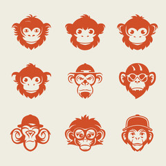 Creative Monkey Face Icon Set - Cartoon Animal Mascots, Fun Monkey Graphic Design, Playful Vector Emblem - Editable EPS SVG AI