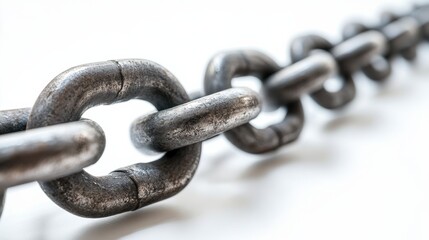 Obraz premium Close-up of large steel chain links arranged in a curve on a white background, with sharp focus on the metallic texture. The composition is clean, highlighting the chain strength.