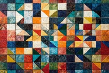 Colorful mosaic pattern featuring diverse geometric shapes in a vibrant design