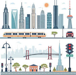 Dynamic icon pack of Urban Life Infrastructure Info graphic buildings. Generative AI.