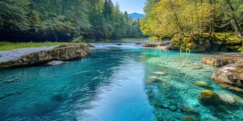 Crystal Clear River Surrounded by Lush Green Trees and Rocky Shores