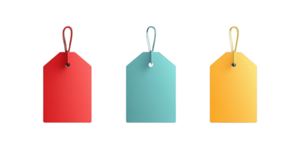 Three colorful blank tags hanging with string on transparent background