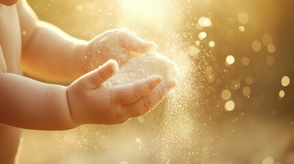 Fototapeta premium Talcum powder being sprinkled onto a baby skin, with the fine mist of powder visible in the air. The soft focus and warm tones create a gentle and caring atmosphere.