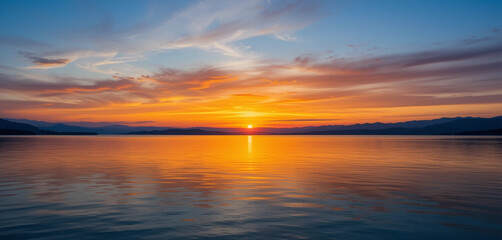 Fototapeta premium A tranquil sunset scene over a lake, featuring a dramatic sky with orange and blue hues.