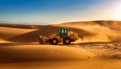Fototapeta premium A bulldozer pushing waves of golden sand through an endless desert, showcasing the power of machinery against nature. 