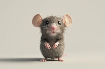 3D small mouse with pink nose, standing curiously,