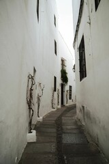 Fototapeta premium Charming narrow European alley with whitewashed walls.