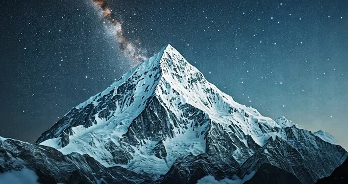 Majestic snow-capped mountain under a starry night sky with the Milky Way visible. Deep shadows and clouds complement the mountain's sharp peak with a sense of awe
