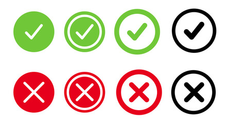 Check mark tick, Check mark icon button set. Check box icon with right and wrong buttons and yes or no checkmark icons in green tick box and red cross. Isolated checkmark symbol.