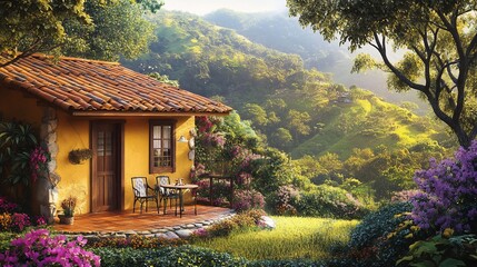 Cozy cottage surrounded by lush greenery and vibrant flowers.