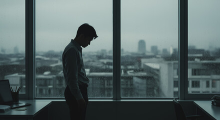 Fototapeta premium Contemplative Corporate Scene: Introspection Amid the Urban Rain