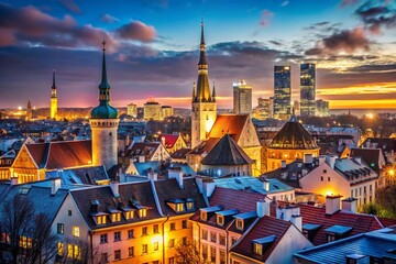 Fototapeta premium Tallinn Night Panorama: Illuminated Modern Buildings with Bokeh Effect