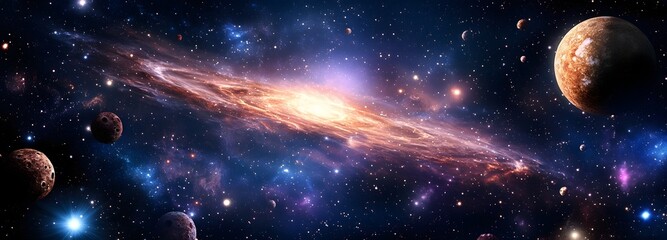 Obraz premium A vast galactic nebula with swirling cosmic colors and floating asteroids