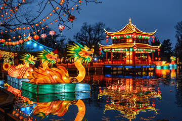 Fototapeta premium Beautiful holiday composition for happy celebrate chinese festival of lanterns, abstract vivid composition consists of fictional unreal fantastic vision on background