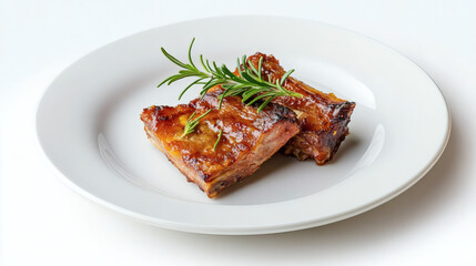 Minimalist presentation of grilled lamb ribs on a white plate  