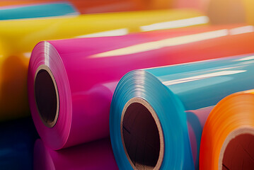 Colorful plastic film rolls in bright light, glossy vinyl material for packaging, printing or industrial manufacturing use